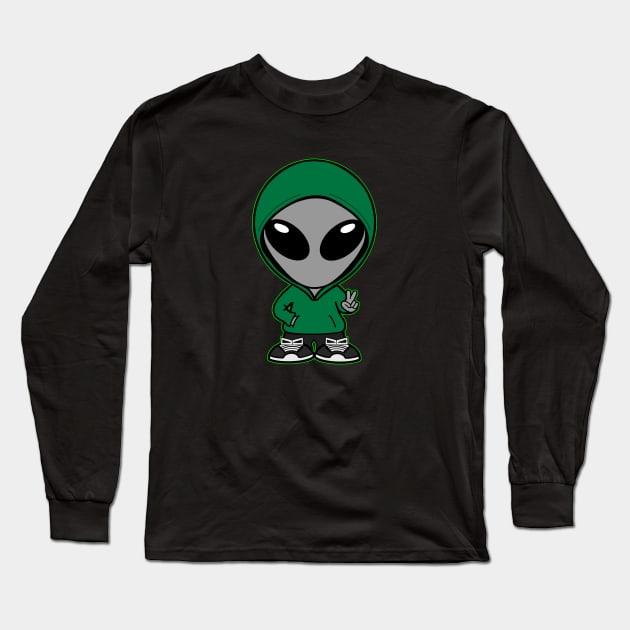 Casual Clothed Gray Alien Holding Up "Peace" Hand Sign Long Sleeve T-Shirt by SpaceAlienTees